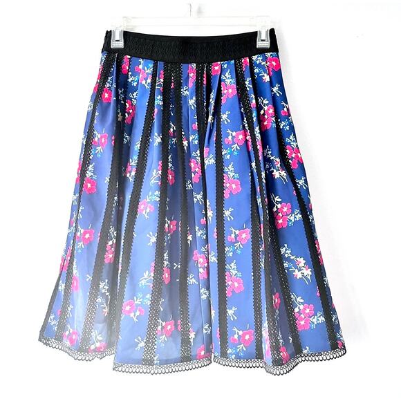J.Peterman Embroidered Floral Pleated Lace Trim Midi Skirt Blue Women's Size 2 - Picture 2 of 9